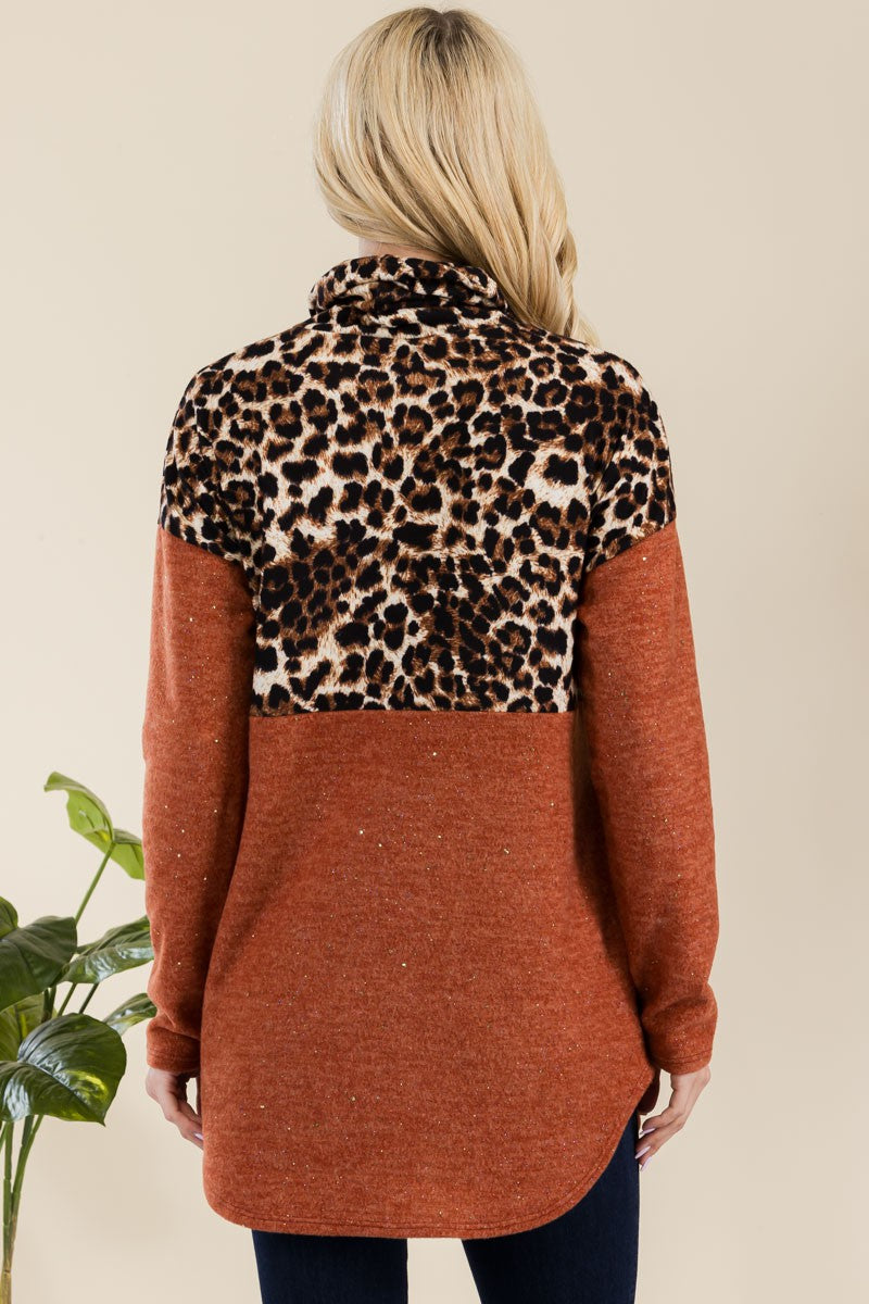 Leopard Turtleneck Long Sleeve Blouse with Curved Hem