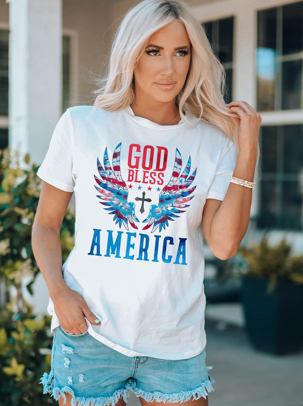 GOD BLESS AMERICA:  White Cuffed Tee Shirt With Patriotic Design