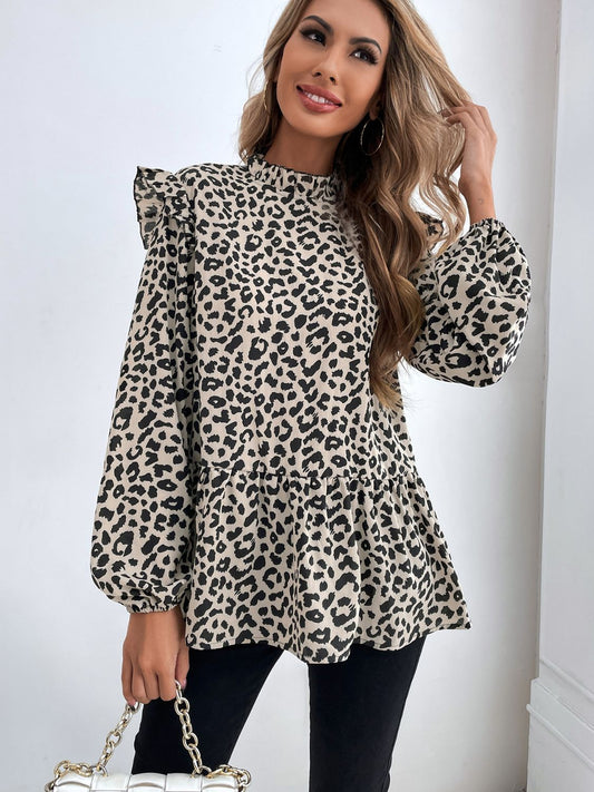 Ruffled Mock Neck Long Sleeve Blouse