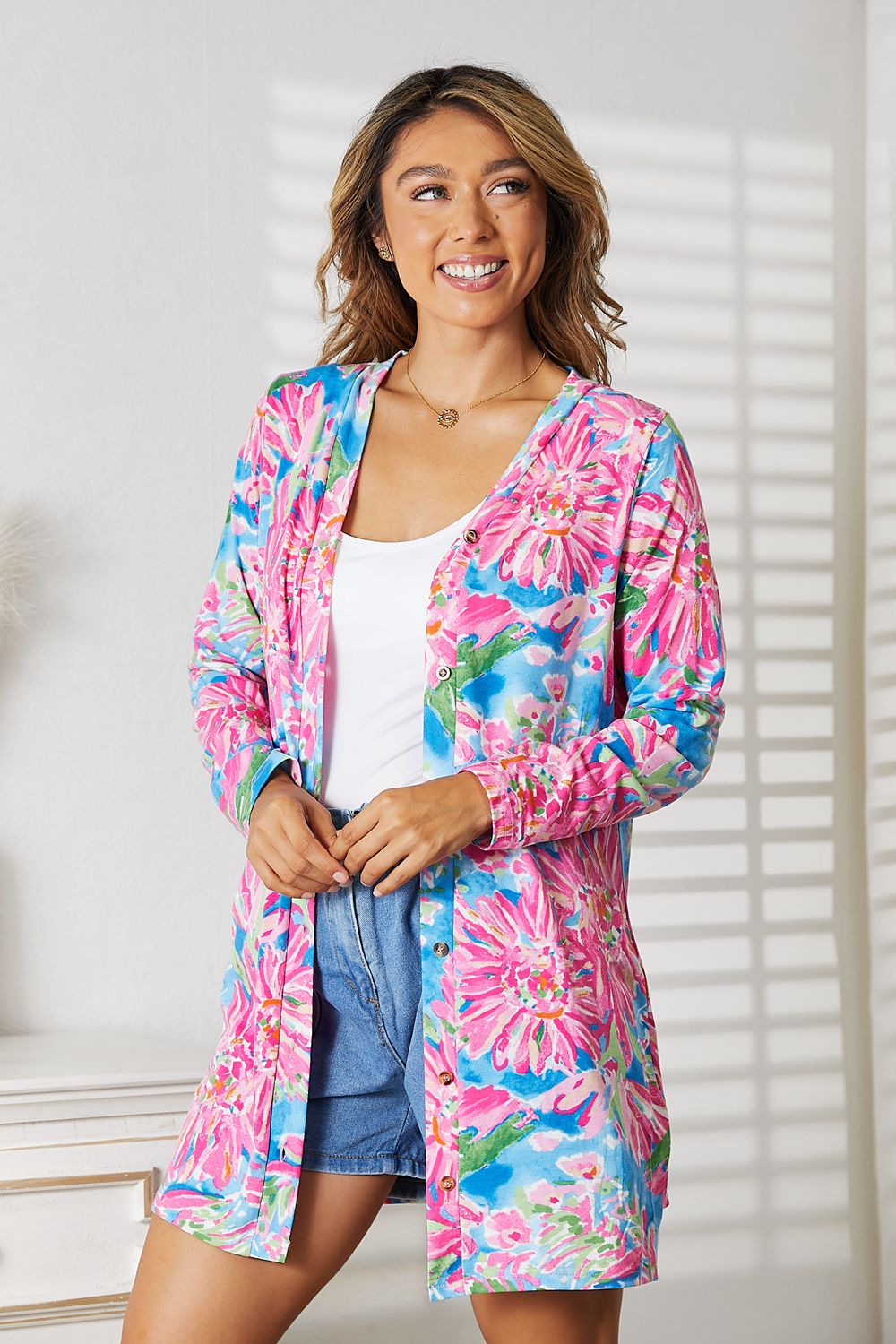 Cute Floral Cardigan With Open Front And Long Sleeves