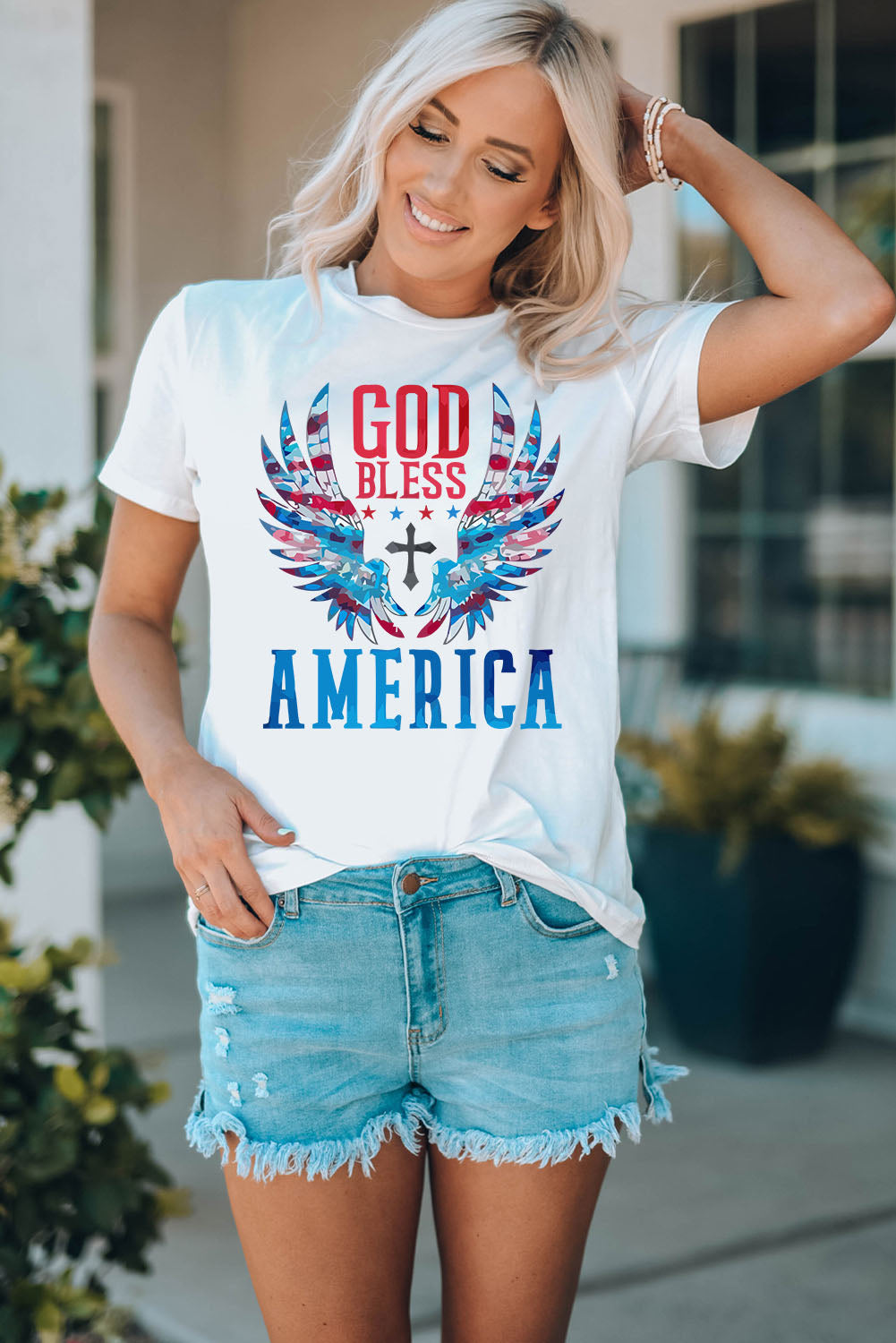 GOD BLESS AMERICA:  White Cuffed Tee Shirt With Patriotic Design