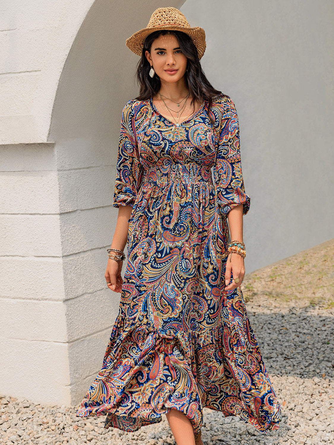 Paisley Printed Long Sleeve Midi Dress