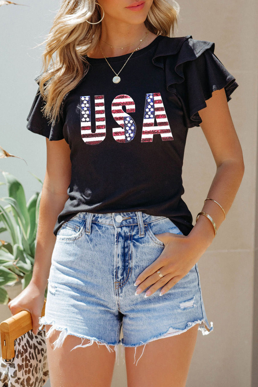 USA Proud:  Ruffled Sleeve Patriotic Top