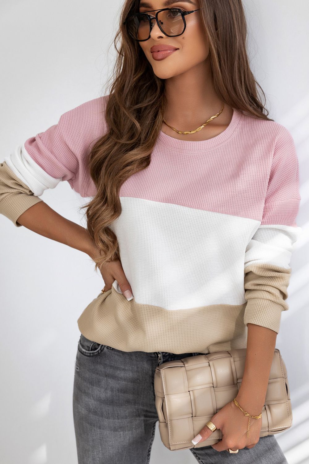 Soft Pastel Color Block Waffle Knit Top