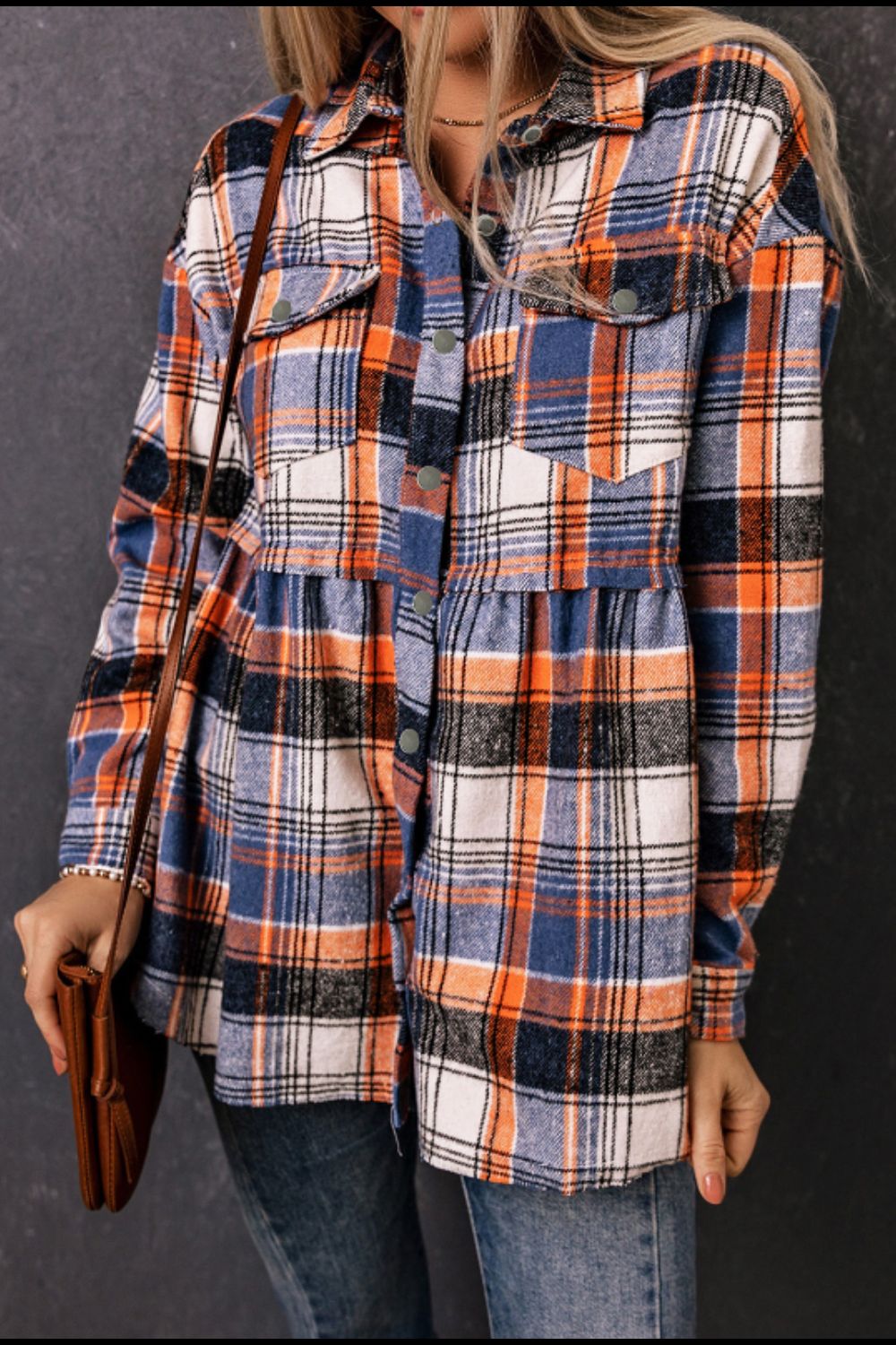 Plaid Long Sleeve Shirt with Gathered Bottom