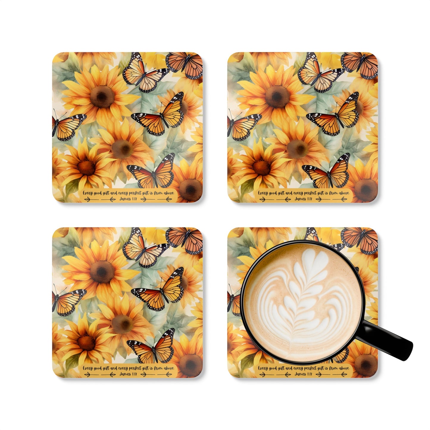 Sunflower and Butterfly Corkwood Coasters with Bible Verse - Set of 4
