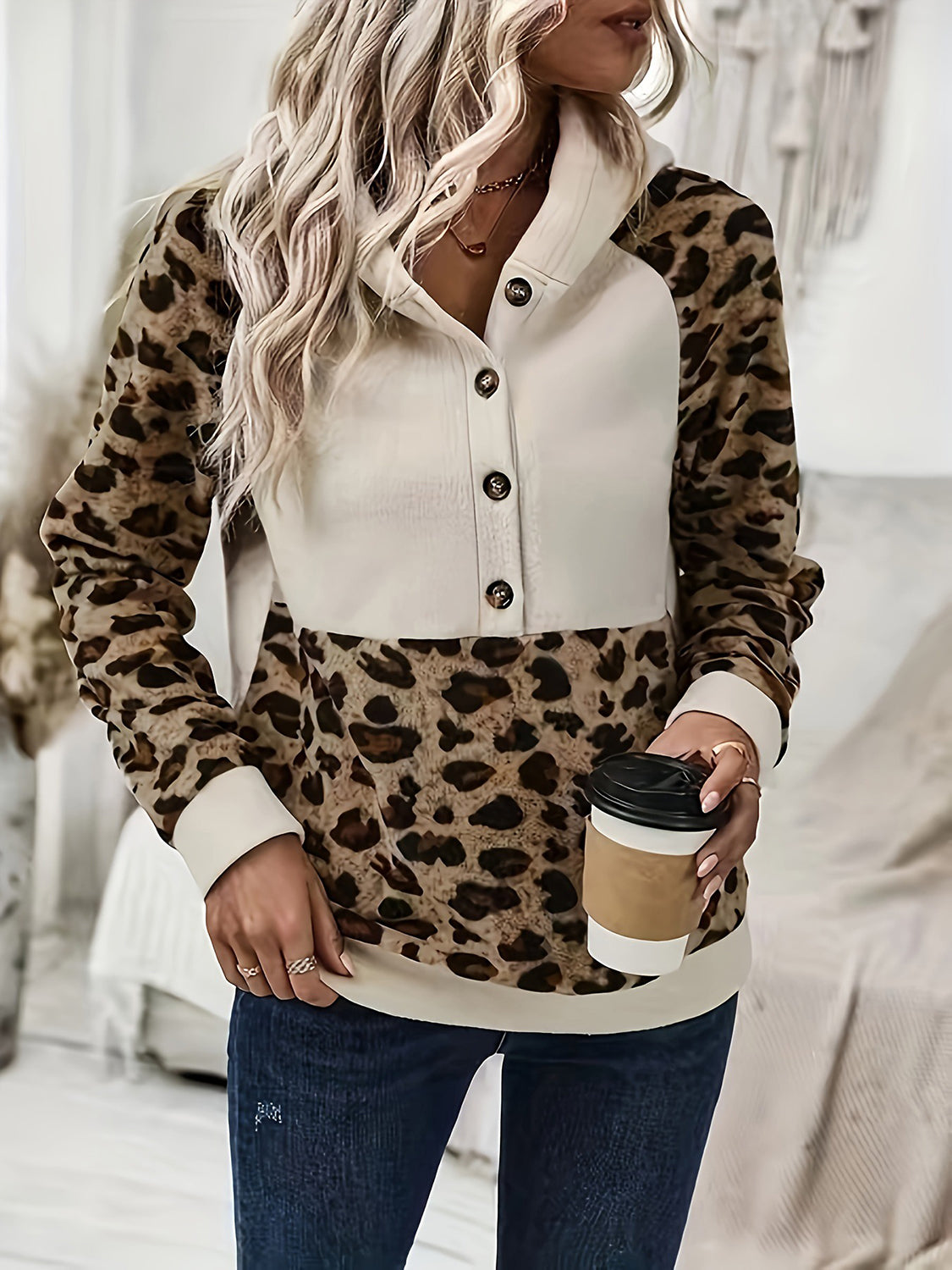 Leopard Print Long Sleeve Hoodie Top