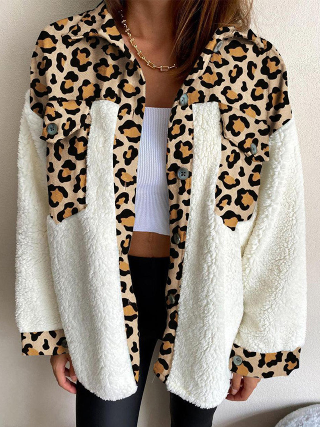 Fuzzy Button Up Jacket - Solid and Contrast Design Pattern on Back