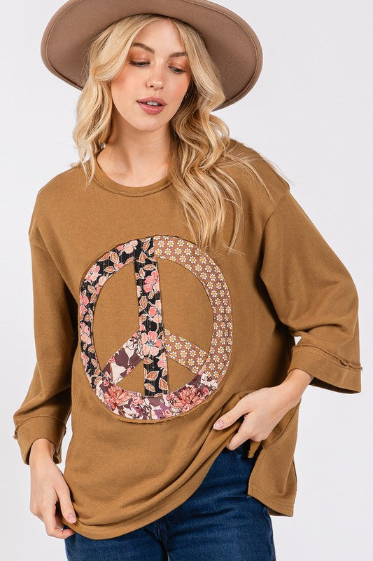 Floral Vintage Peace Sign Patch Top