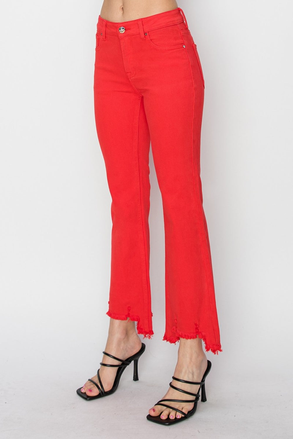 RISEN Red:  Bootcut Jeans with Pockets and Raw Hem