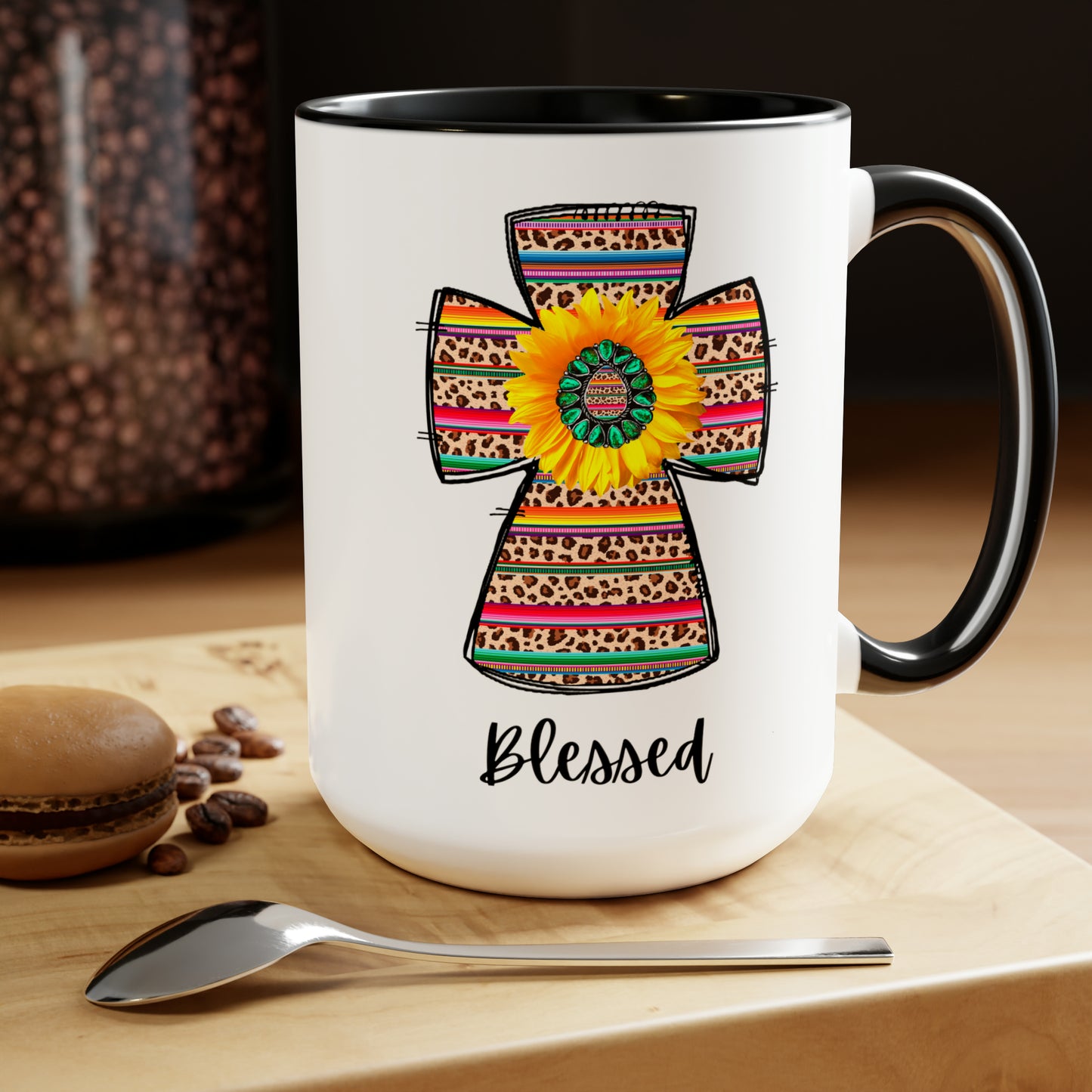 Serape Cross Coffee Mug 15oz Coffee Mug With Sunflower Blessed Coffee Mug Gifts For Mom Gifts for Teacher Gifts Colorful Coffee Large Mug