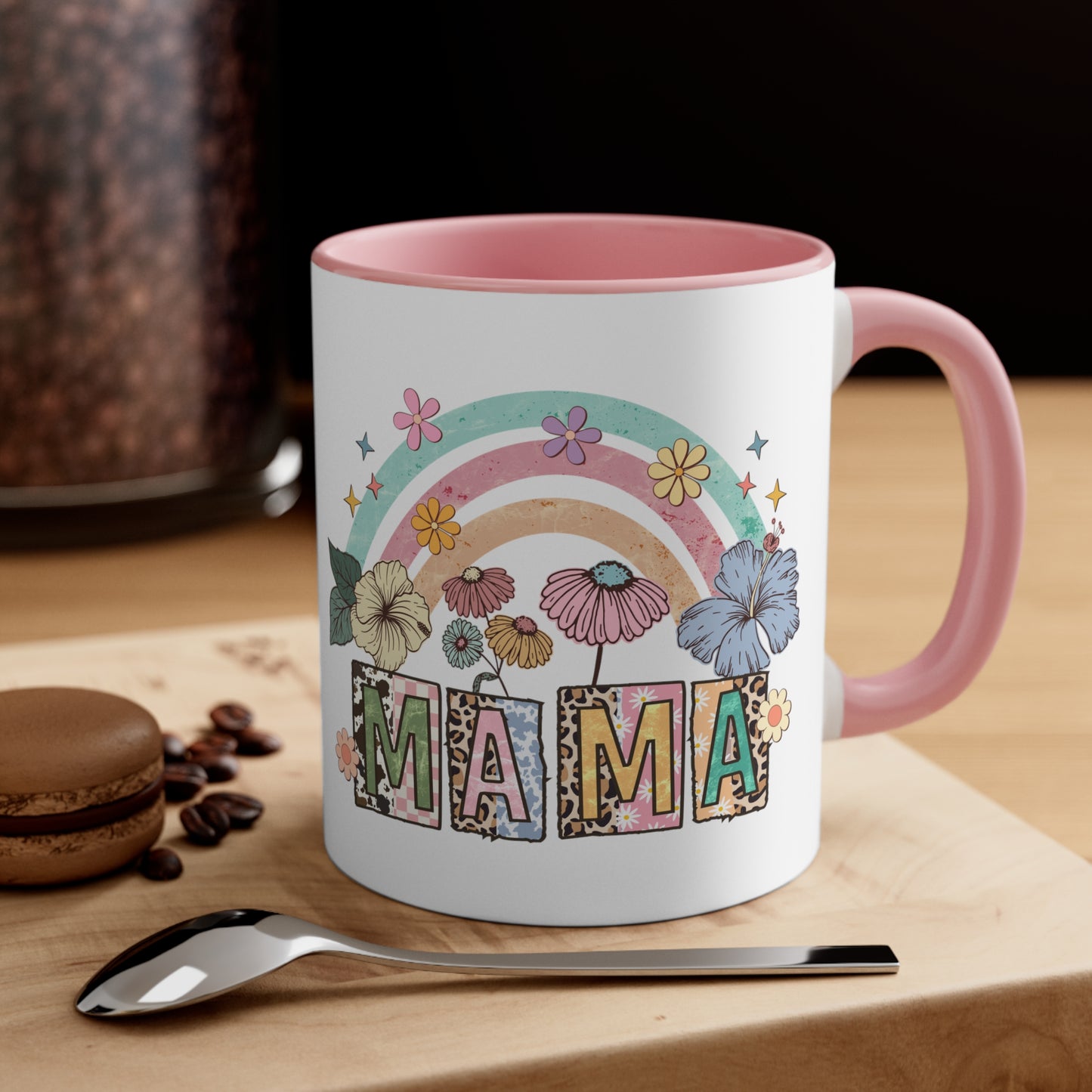 Mama Coffee Mug, 11oz, Two-Tone Coffee Mug With Flowers and Rainbow, Gift For Mom