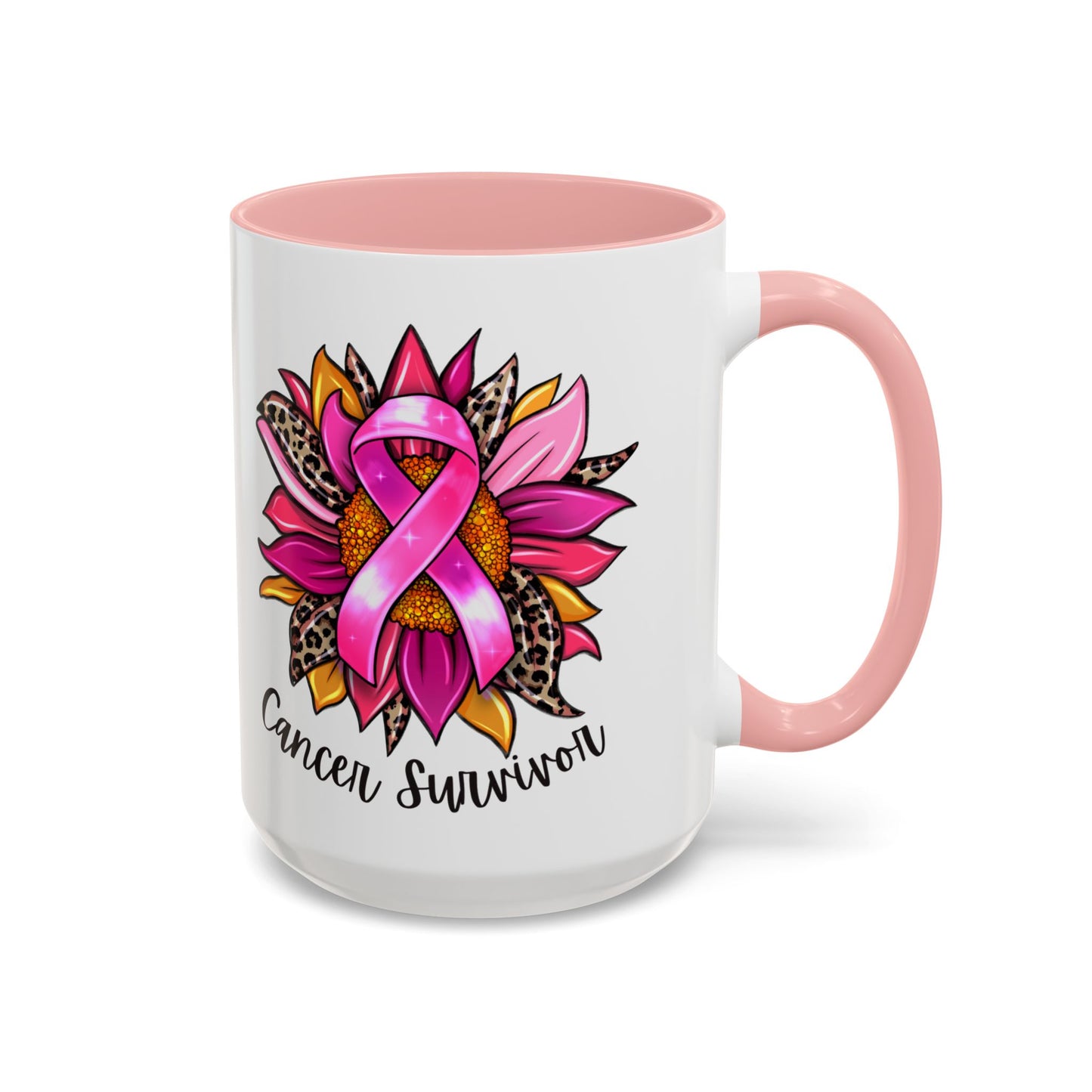 Sunflower Cancer Survivor Coffee Mug with Pink Ribbon (11, 15oz)