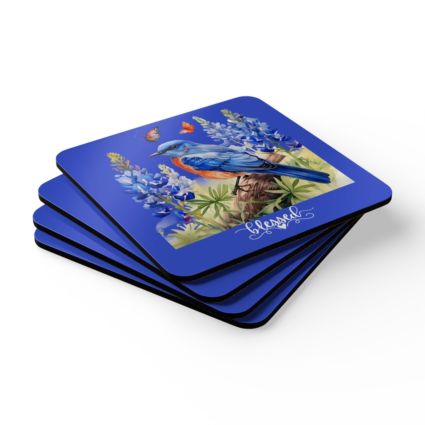 Colorful Bluebird and Texas Bluebonnets Corkwood Coaster Set of 4