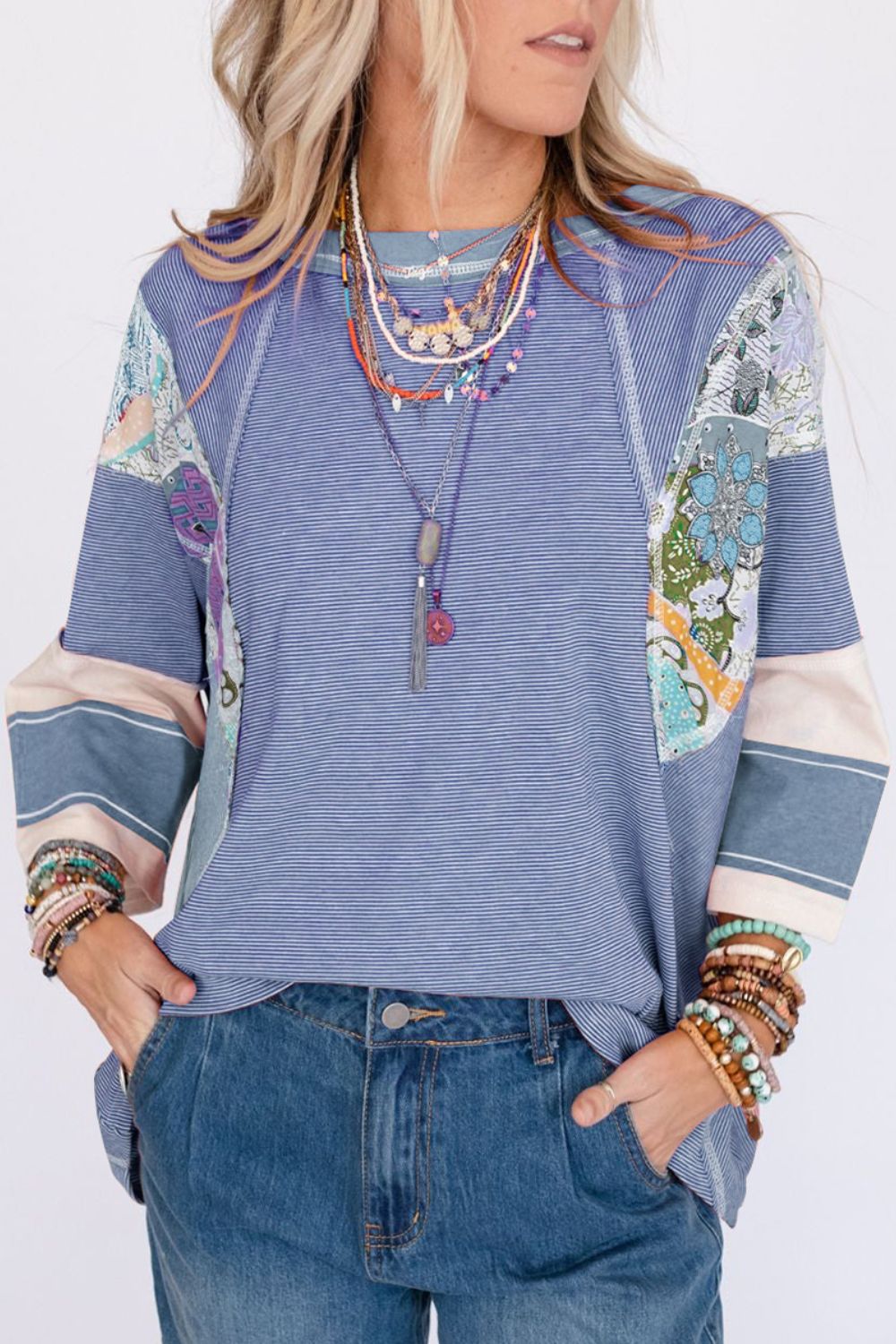 Striped and Floral Patchwork Long Sleeve Top