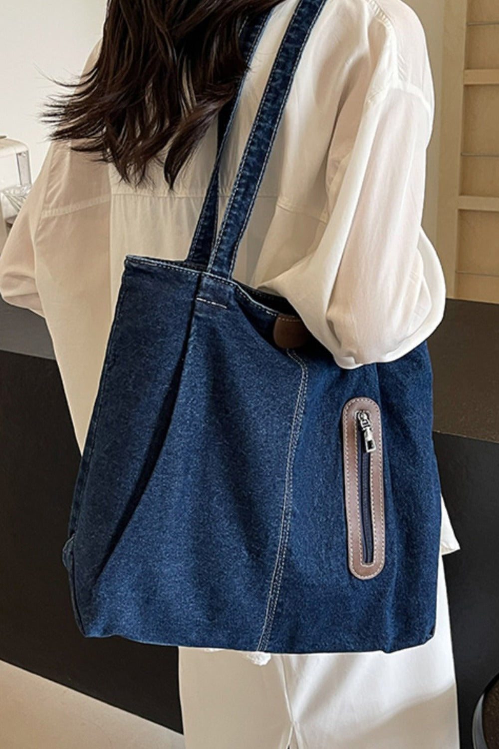 Shoulder Bag:  Denim Tote Bag with Zip