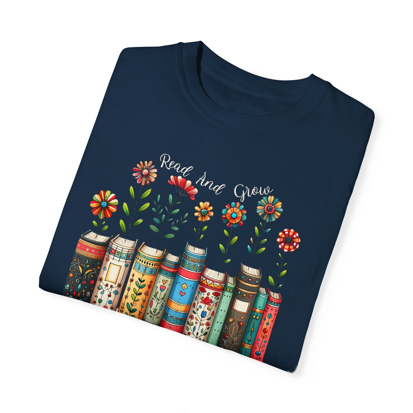 Read and Grow School Librarian T-Shirt With Books and Wildflowers