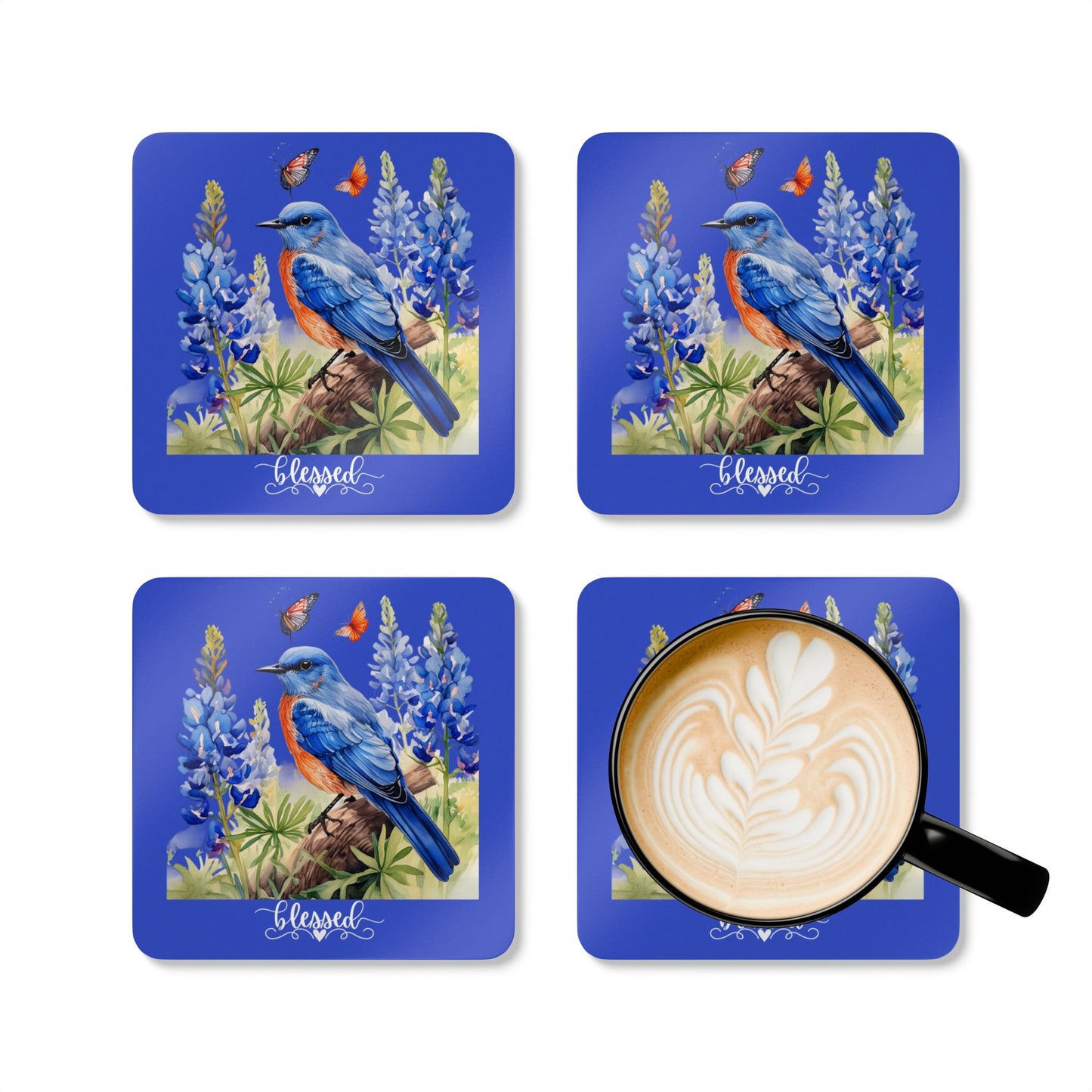 Colorful Bluebird and Texas Bluebonnets Corkwood Coaster Set of 4