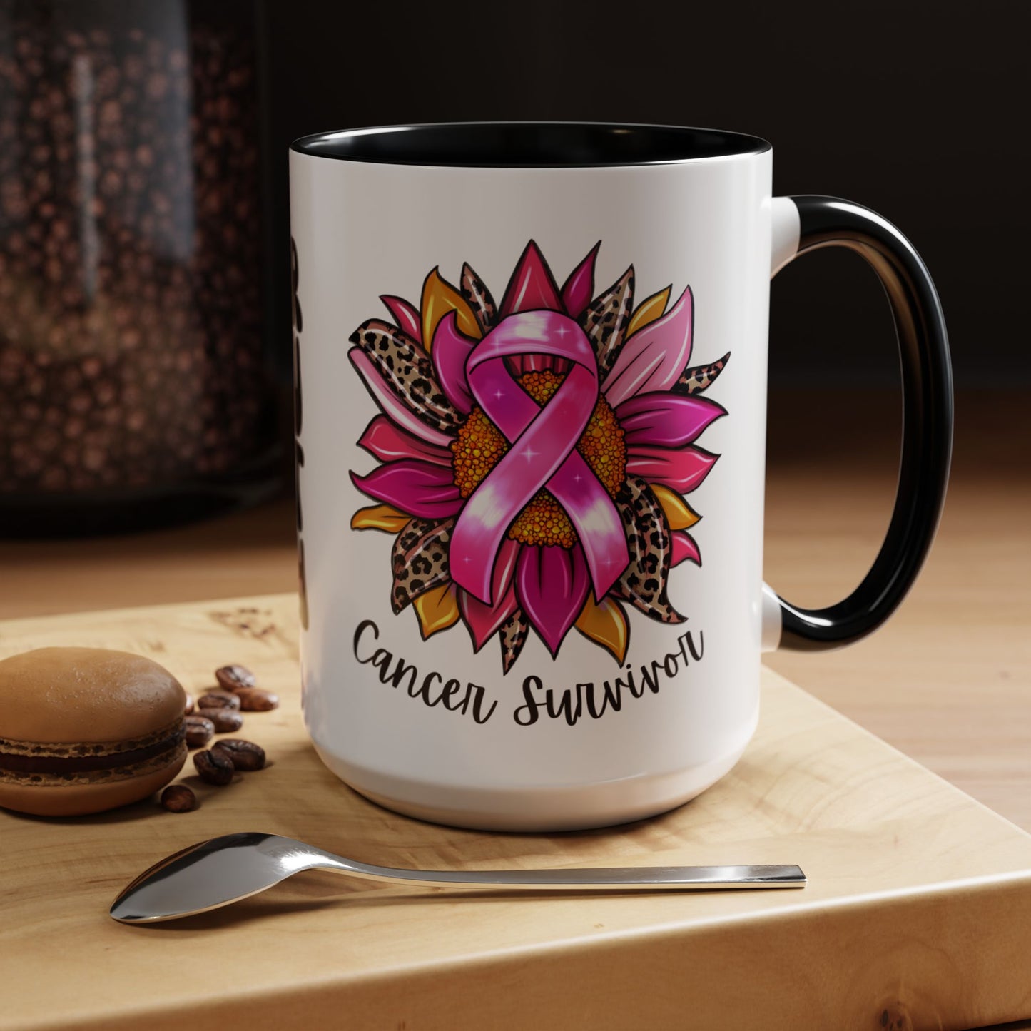 Sunflower Cancer Survivor Coffee Mug with Pink Ribbon (11, 15oz)