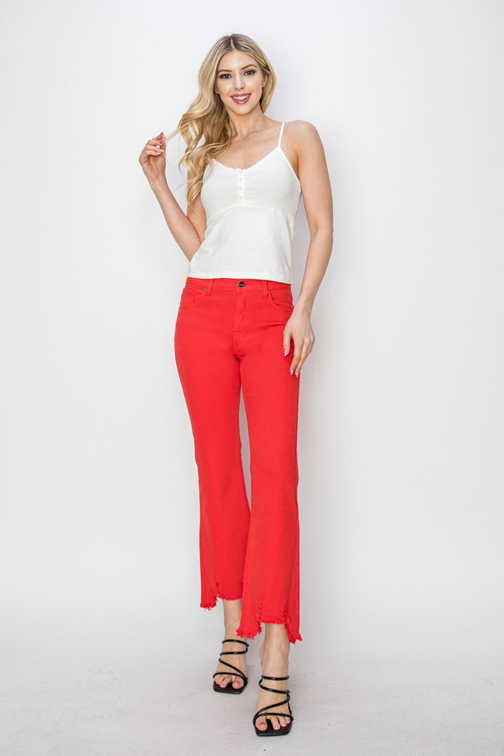 RISEN Red:  Bootcut Jeans with Pockets and Raw Hem