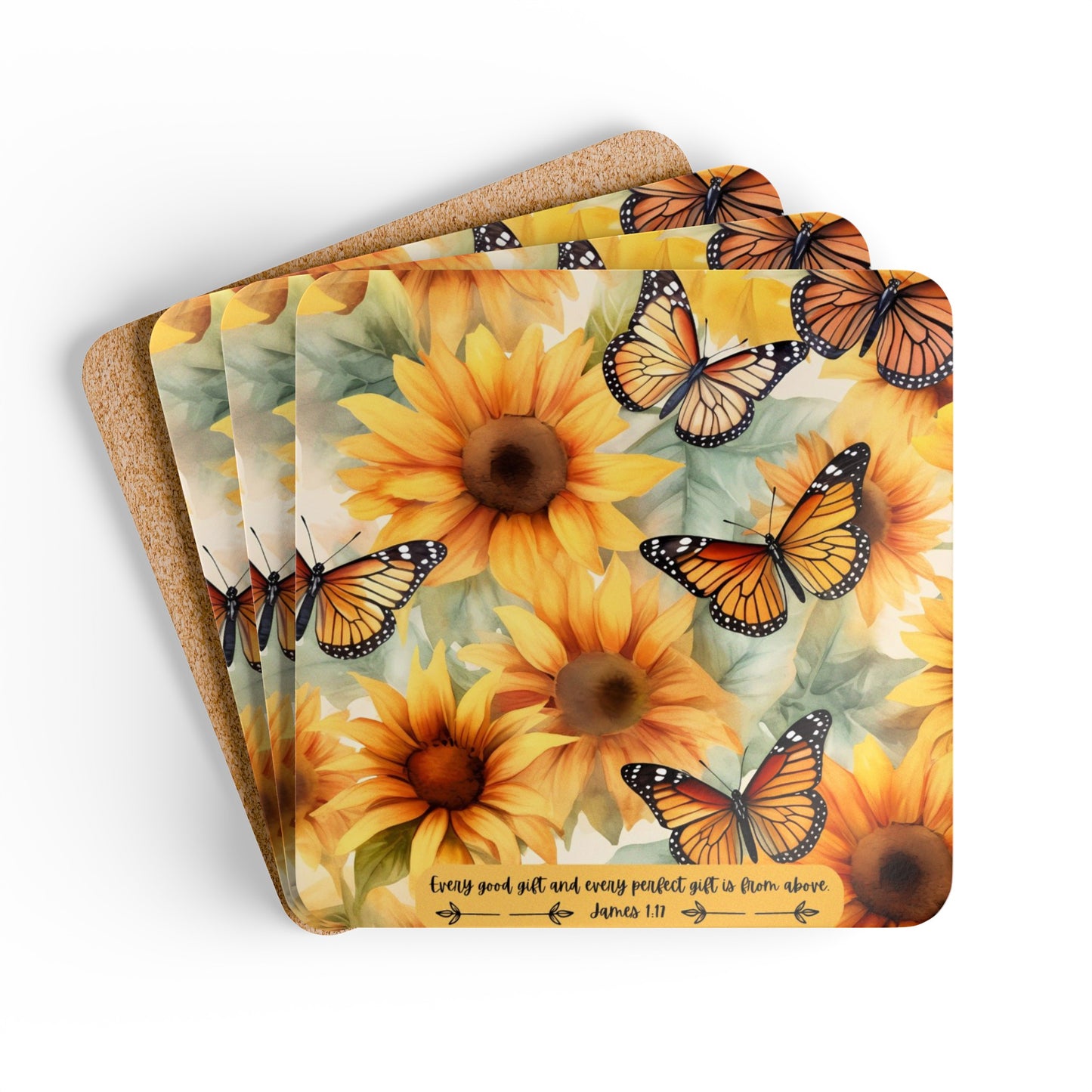 Sunflower and Butterfly Corkwood Coasters with Bible Verse - Set of 4