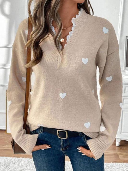 Hearts Sweater with Lace Collar