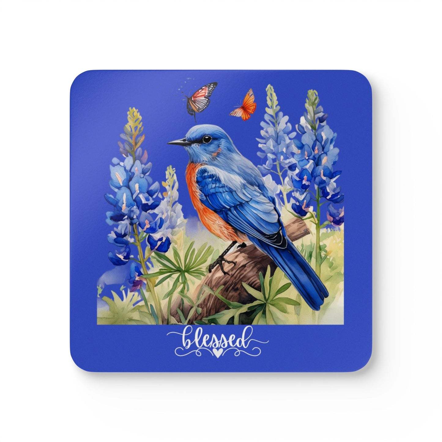 Colorful Bluebird and Texas Bluebonnets Corkwood Coaster Set of 4