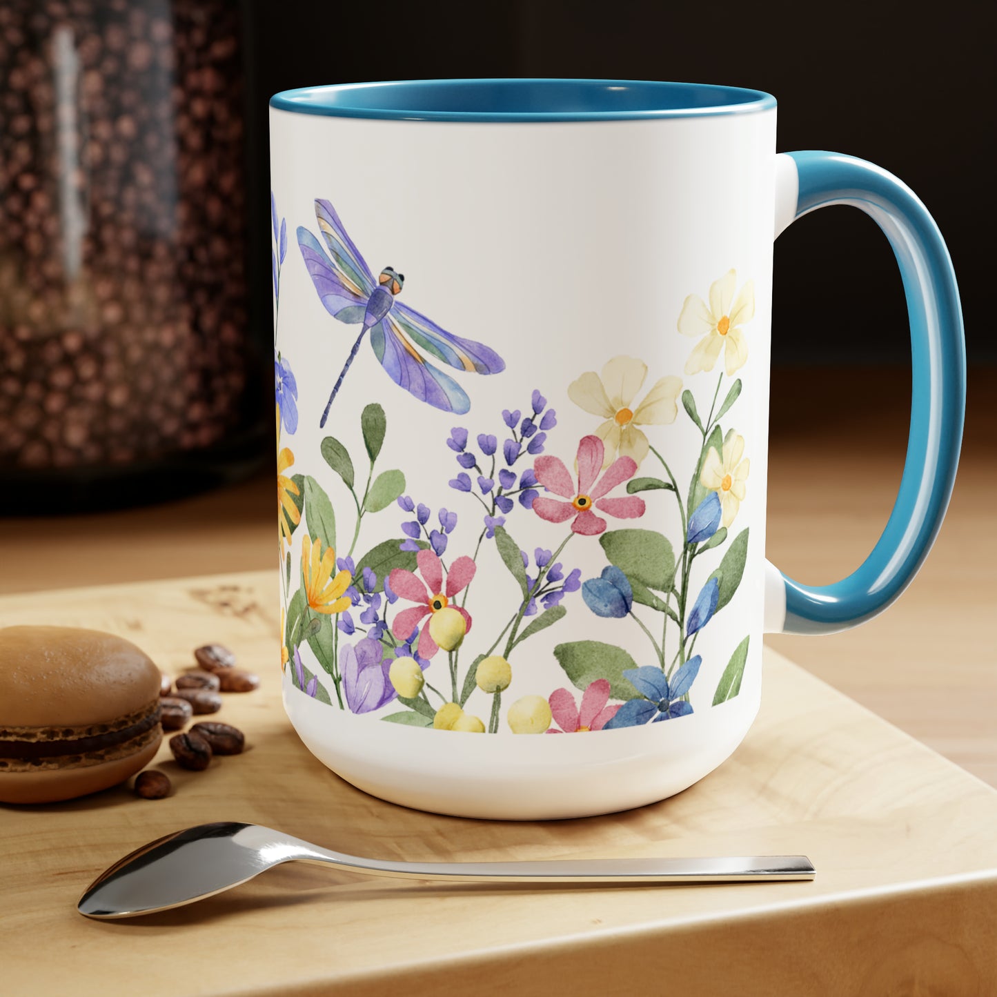 Beautiful wildflowers and dragonfly Two-Tone Coffee Mugs, Large 15oz, Wildflower mug, Nature Lover Coffee Mug, Gifts For Her, Colorful Mug