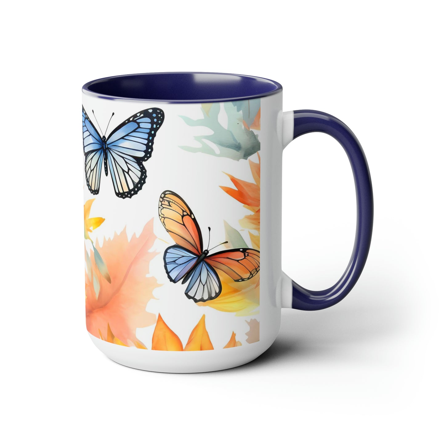 Colorful Sunflowers and Monarch Butterflies Two-Tone Coffee Mugs, 15oz, Large 15oz Coffee Mug, Gifts For Her, Ceramic Mug, Sunflower Mug