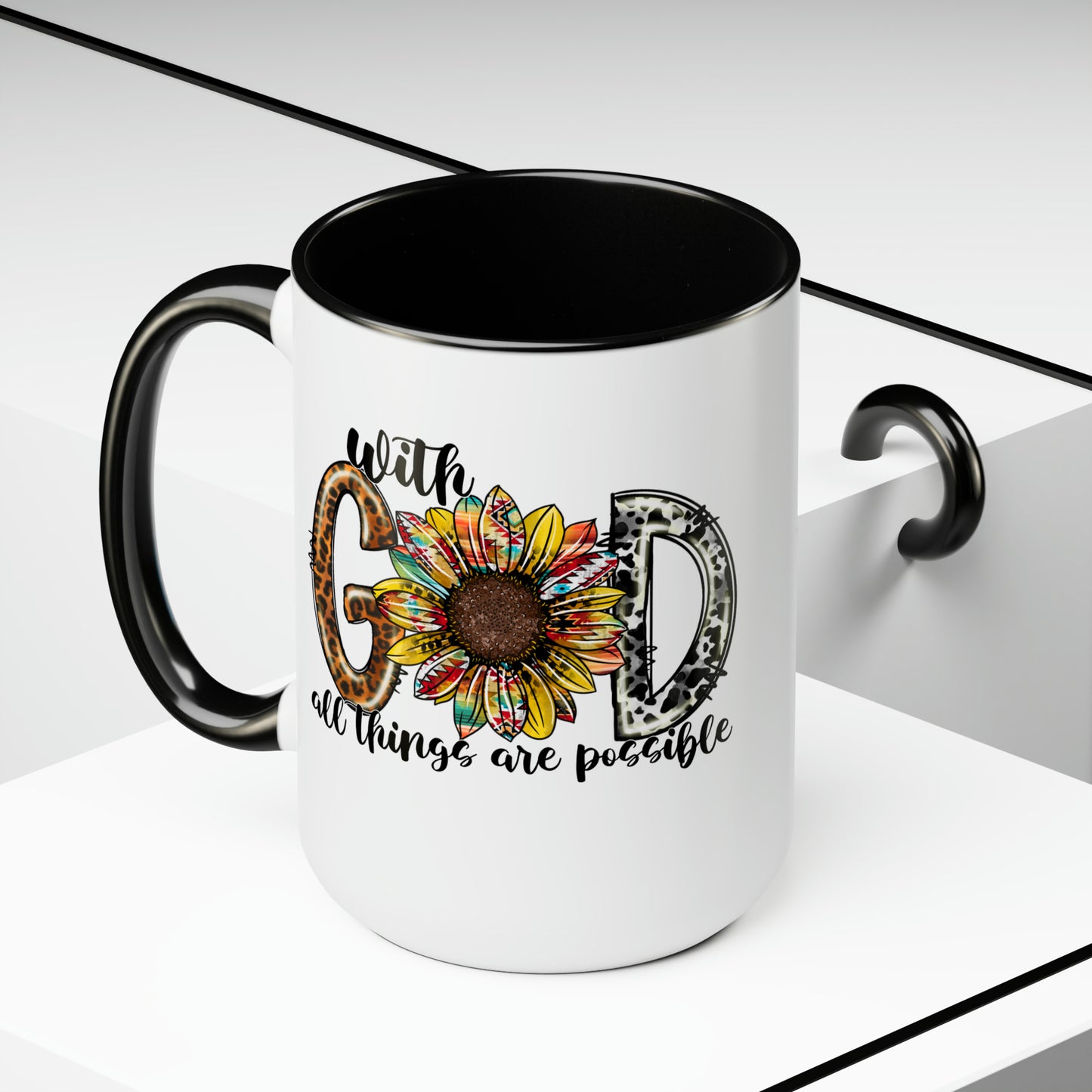 With God All Things Are Possible Two-Tone Coffee Mugs 15oz, Inspirational Mug, Coffee Mug, Gifts, Religious Mug, Sunflower Mug, Teacher Gift