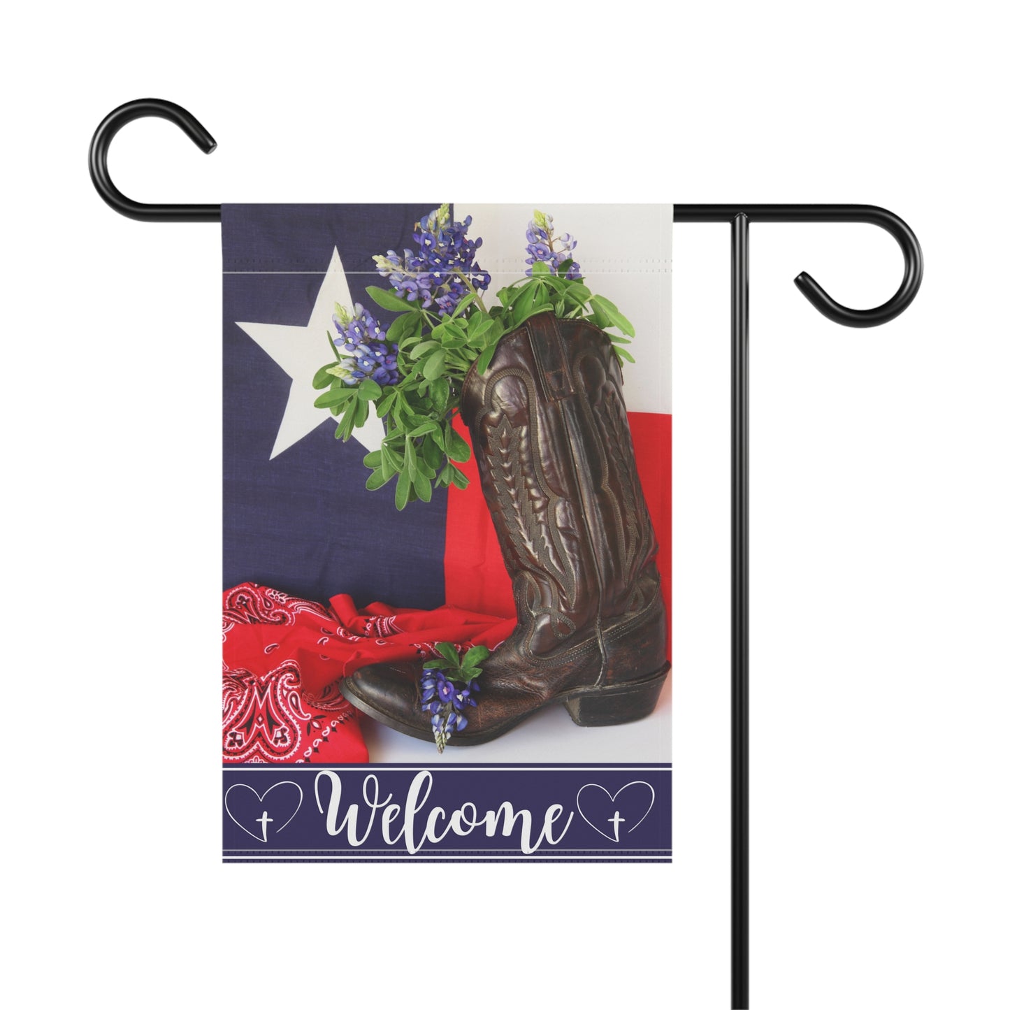 Texas Flag, Bluebonnets, Boots and Bandana Welcome Garden Flag