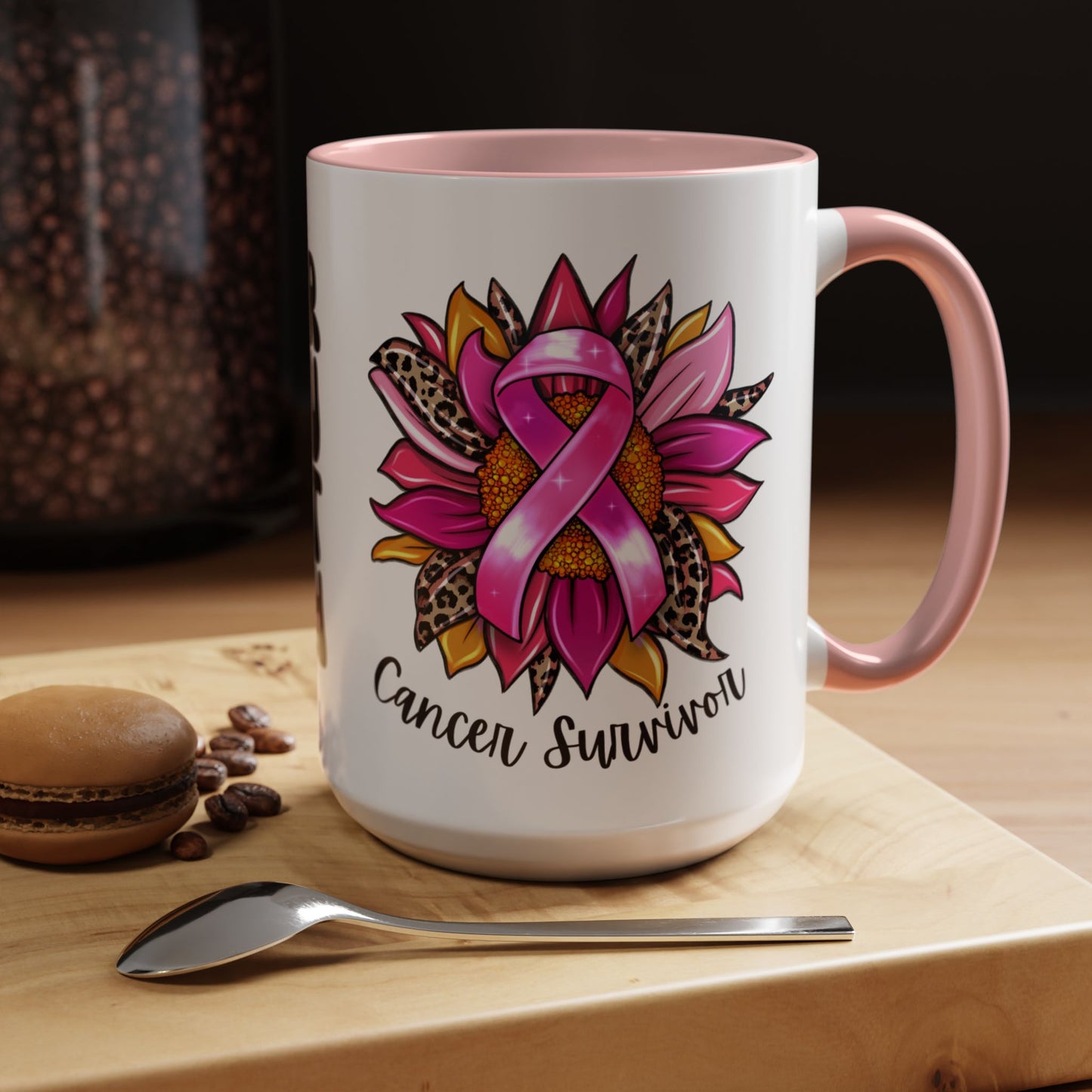 Sunflower Cancer Survivor Coffee Mug with Pink Ribbon (11, 15oz)