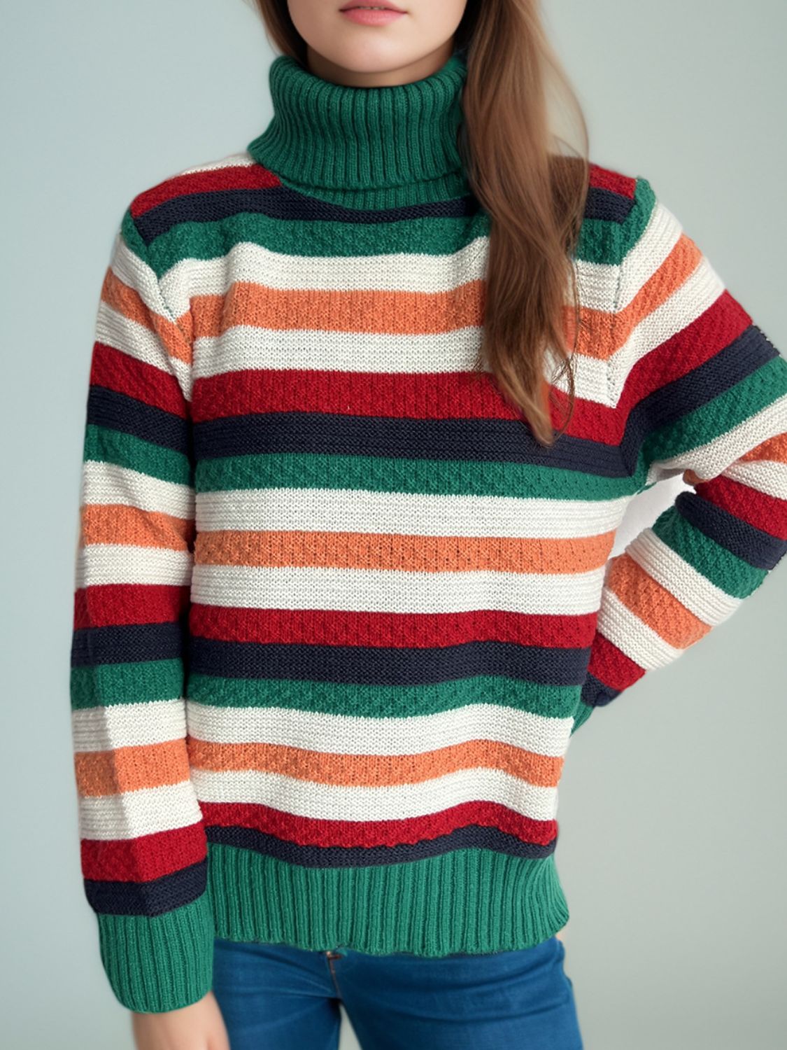 Cute Striped Turtleneck Long Sleeve Sweater