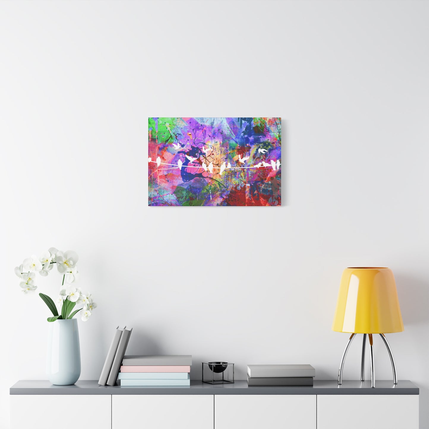 Wings of Serenity:  Colorful Abstract Design with White Birds Matte Canvas