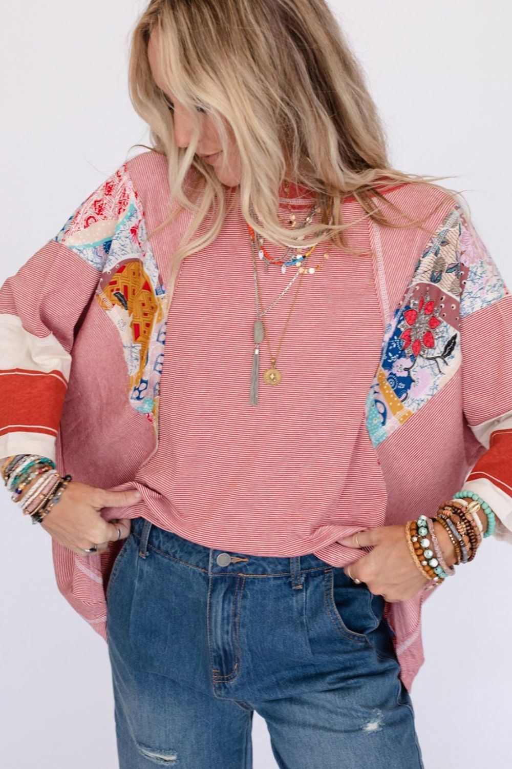 Striped and Floral Patchwork Long Sleeve Top