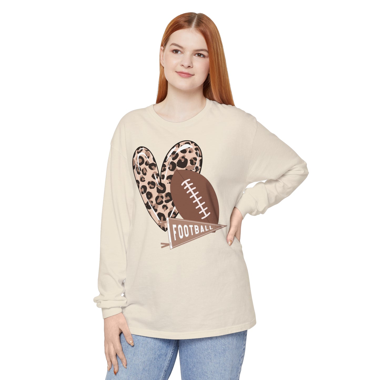 Football Long Sleeve Beige T-Shirt With Leopard Heart