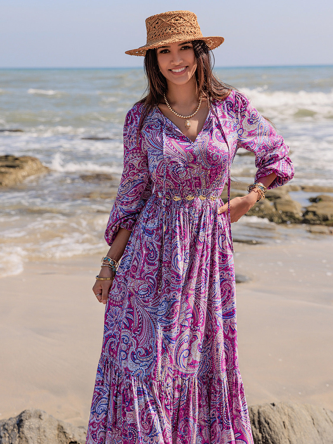 Beautiful Paisley Printed Tie Neck Balloon Sleeve Maxi Dress