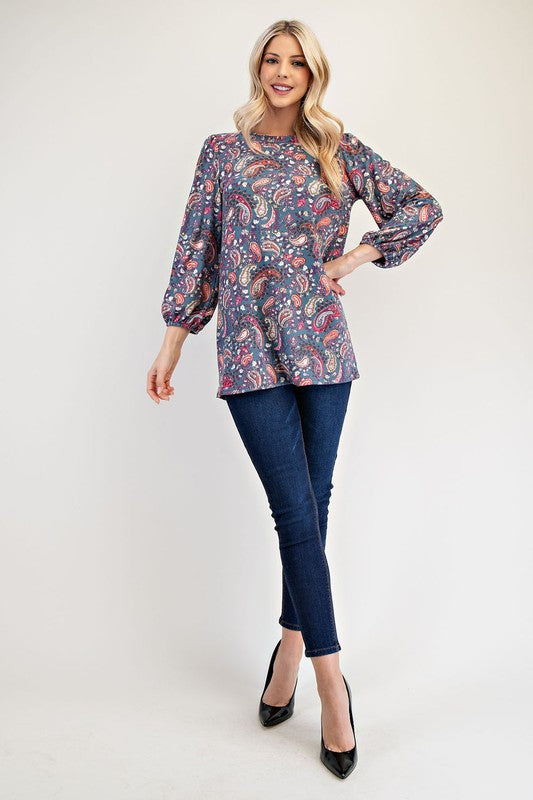 Paisley Round Neck Balloon Sleeve Top