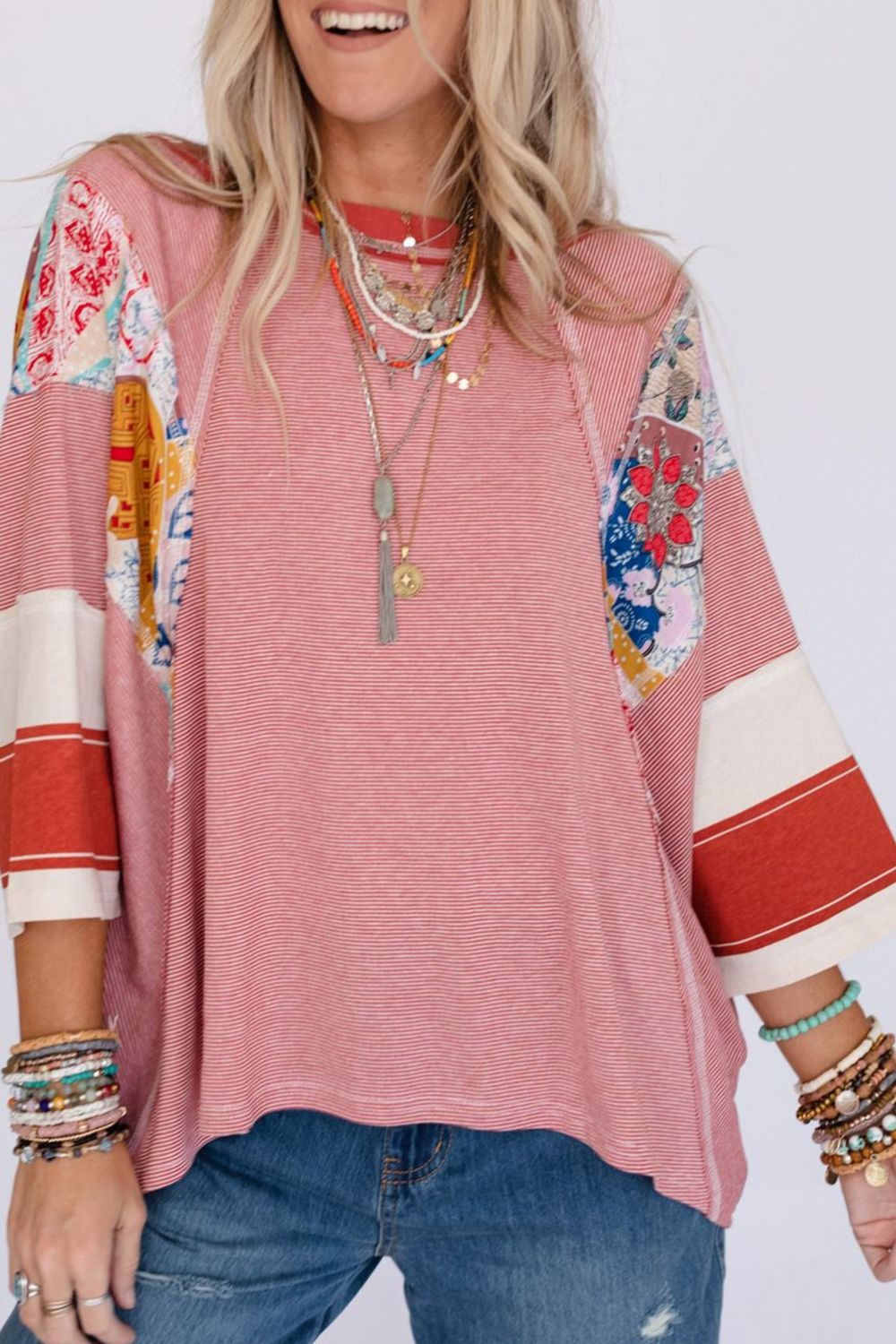 Striped and Floral Patchwork Long Sleeve Top