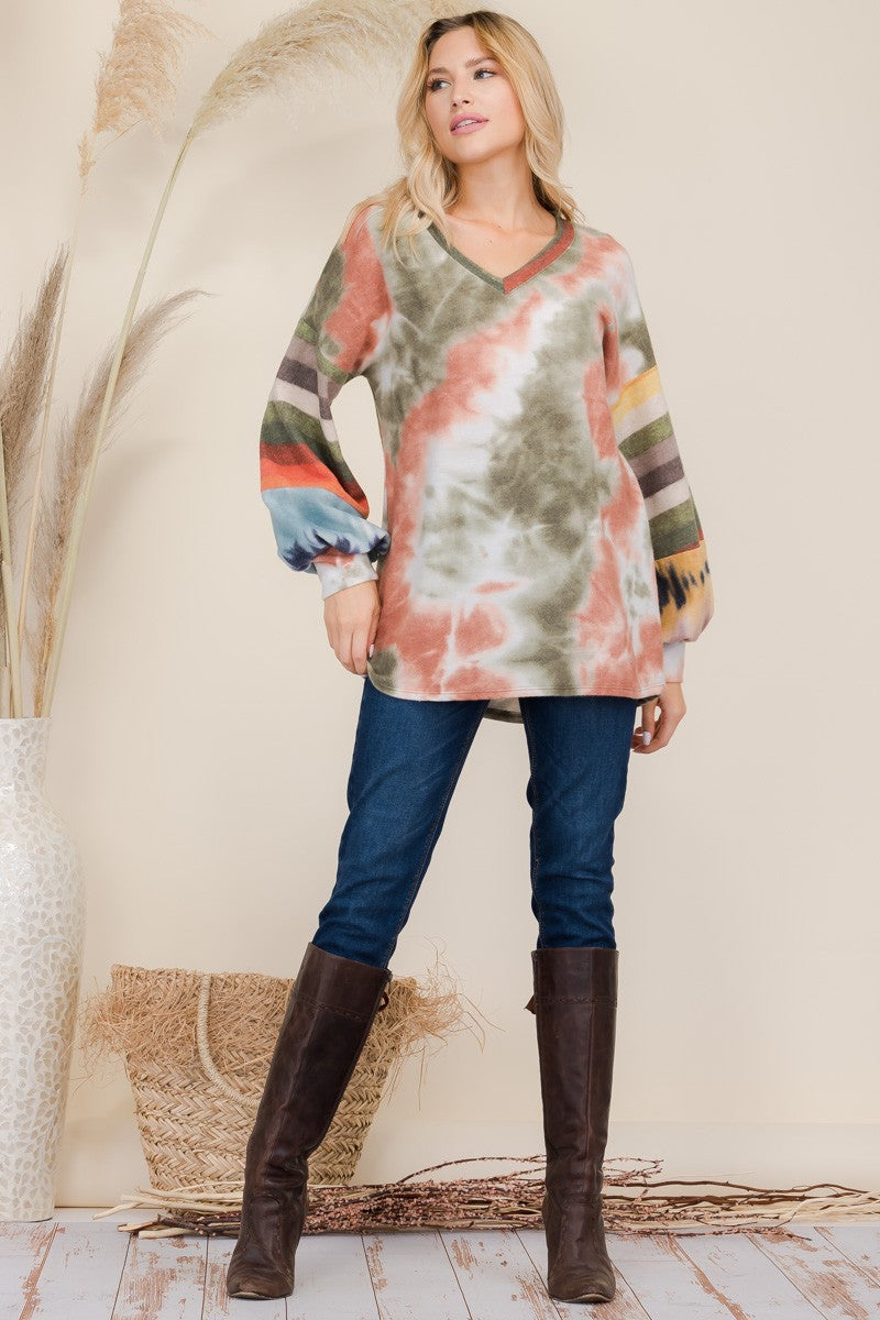 Tie-Dye and Stripes Long Sleeve Blouse