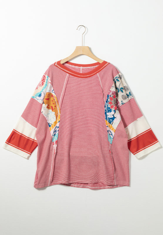 Striped and Floral Patchwork Long Sleeve Top