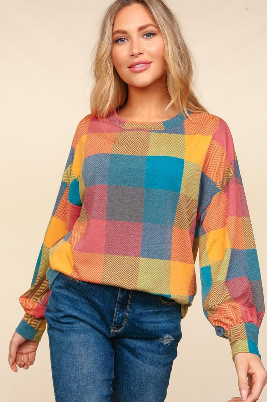 Color Block Long Sleeve Plaid Top