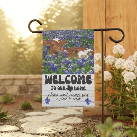 Welcome To Our Home Garden Flag With Cow and Bluebonnets