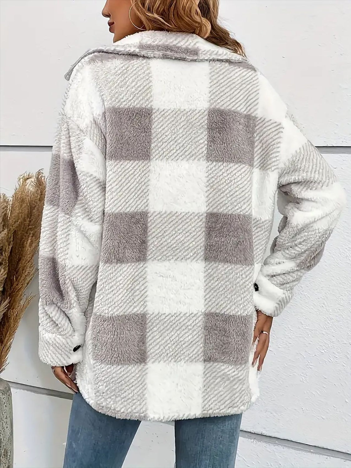 Plaid Dropped Shoulder Plush Coat