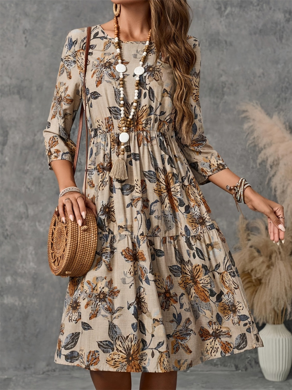 Floral Printed Dress With Three-Quarter Sleeves