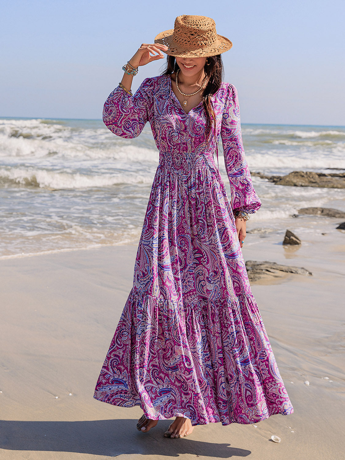 Beautiful Paisley Printed Tie Neck Balloon Sleeve Maxi Dress