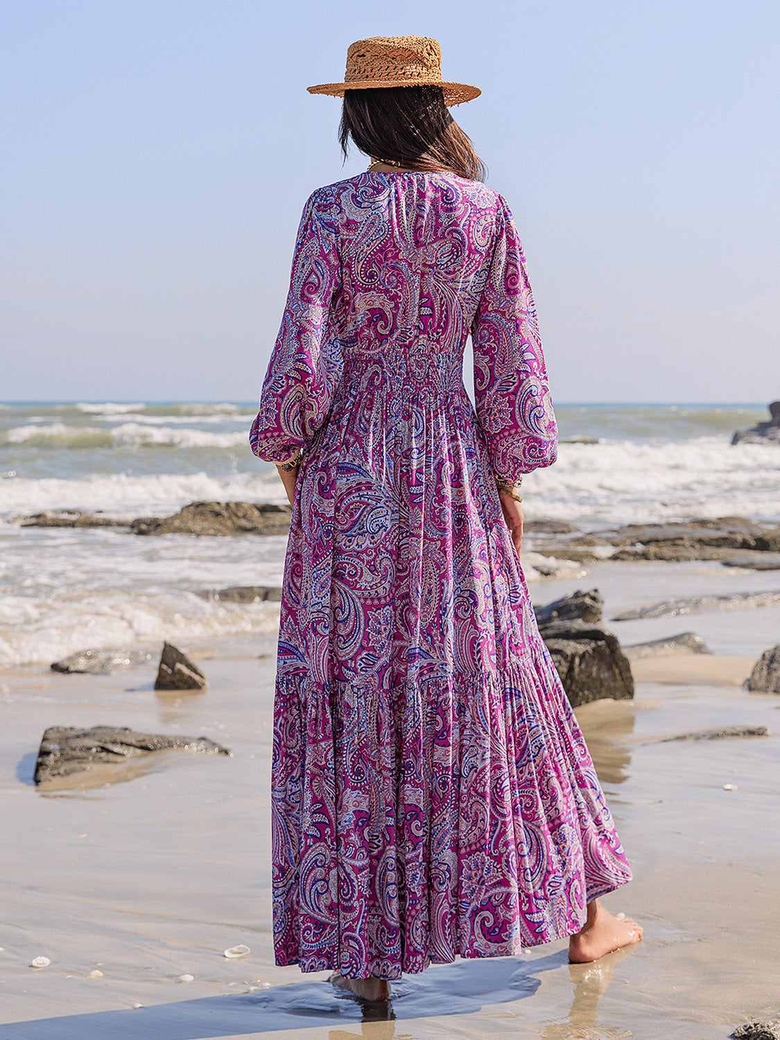 Beautiful Paisley Printed Tie Neck Balloon Sleeve Maxi Dress