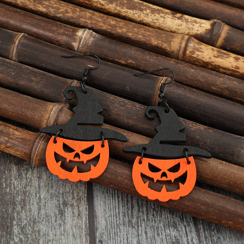 Wooden Pumpkin Earrings With Hat