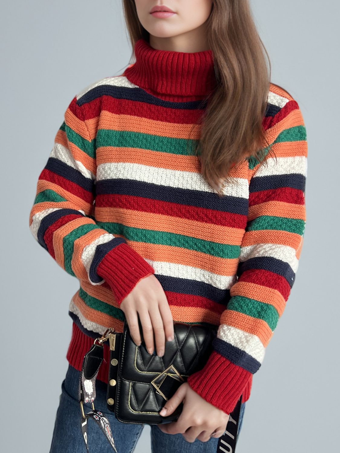 Cute Striped Turtleneck Long Sleeve Sweater