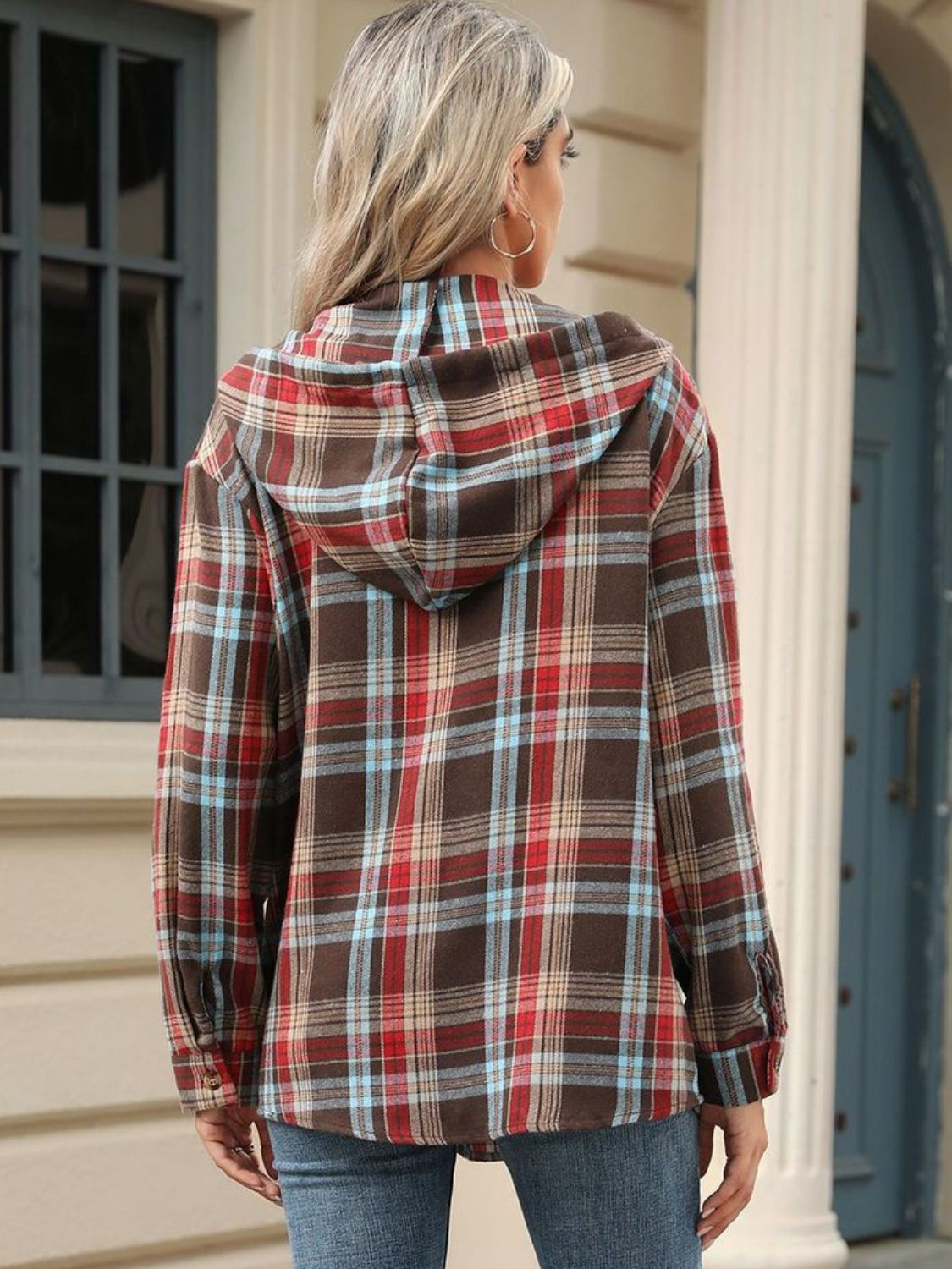 Hooded Plaid Top With Drawstring